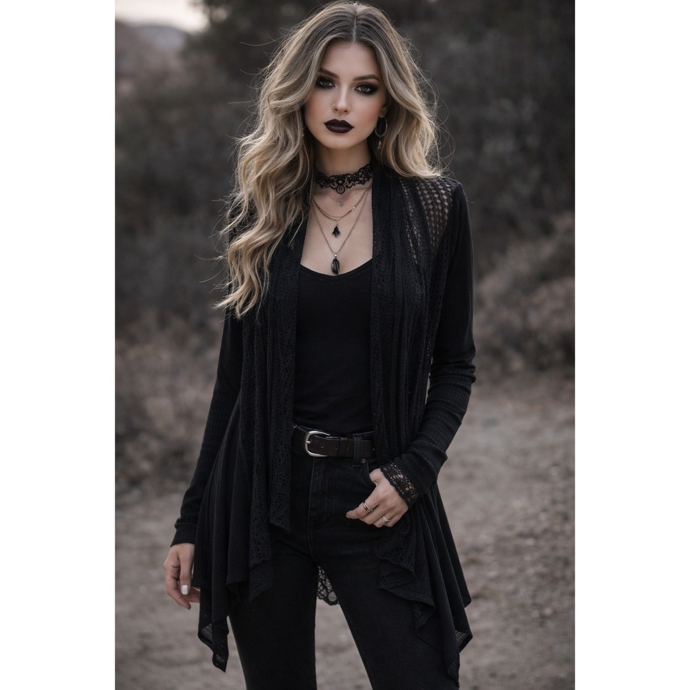 Black Women's‎ Open Knit Goth Grunge Waterfall Cardigan Witchy Fairy Grunge M